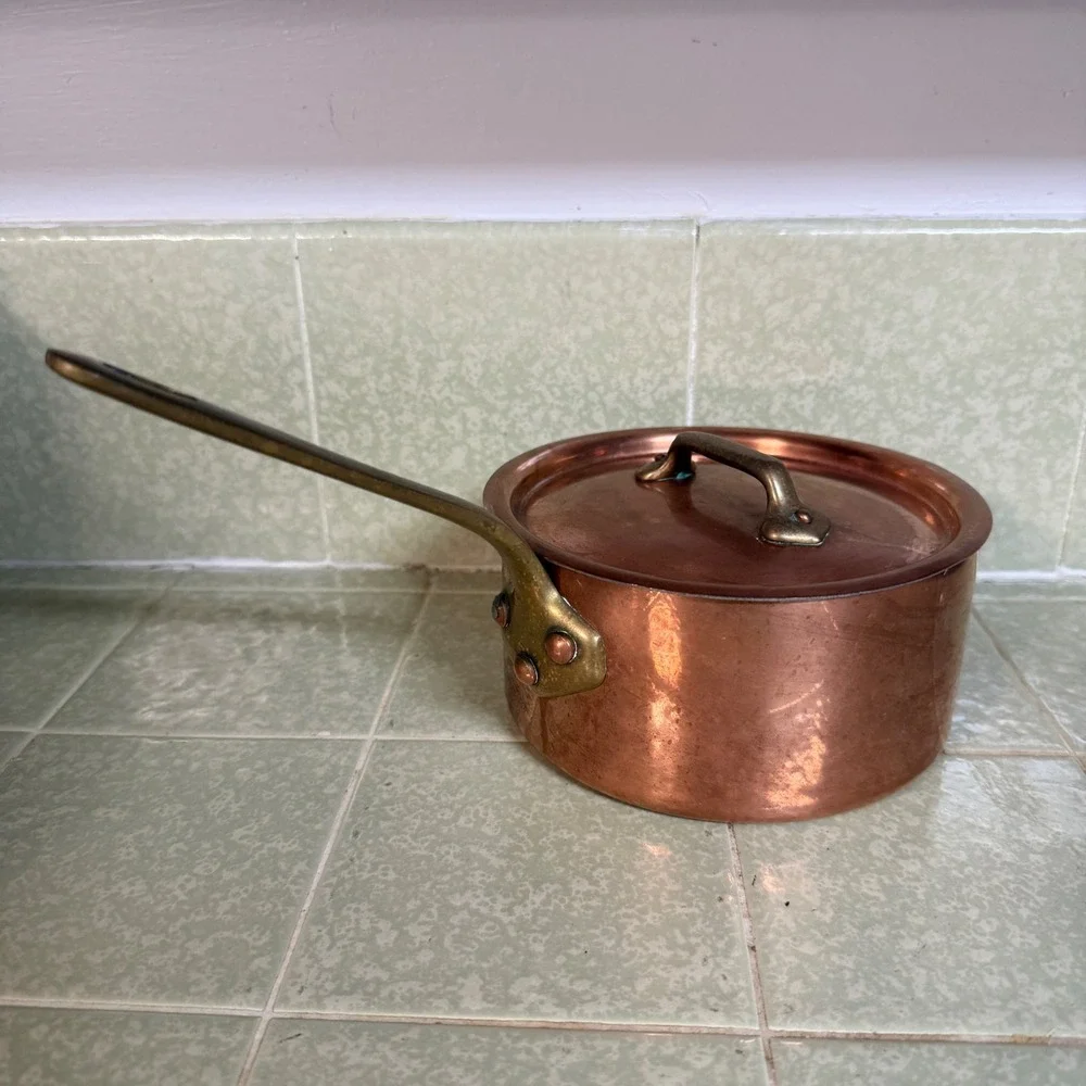 Williams Sonoma France Copper Saucepan Lid Tin Lined Brass Handle Made in France